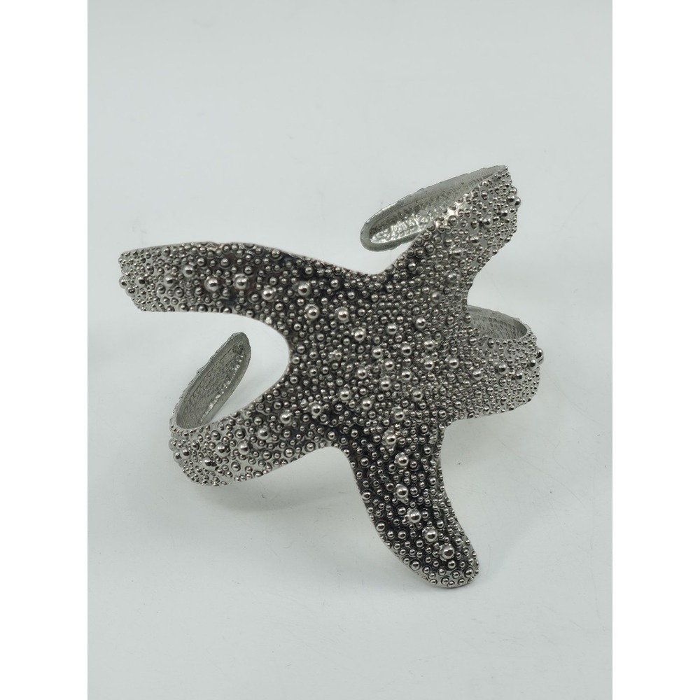 Silver Tone Starfish Cuff Bracelet‎ Textured Ocean Beach Statement Open Bangle